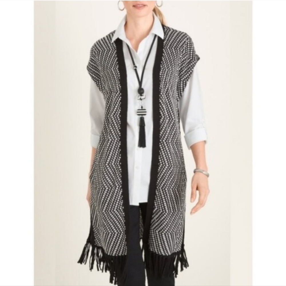 Chico's Black & White Patterned Sleeveless Fringe Open Front Cardigan Vest Med